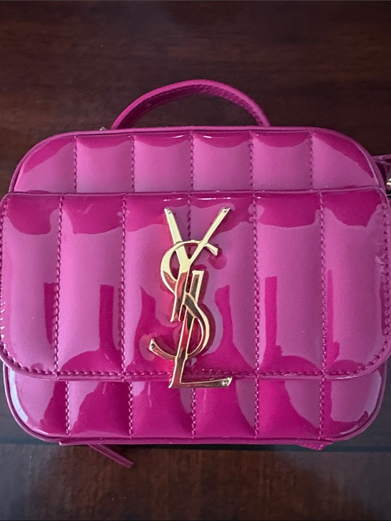 Saint Laurent Handbags - Saint Laurent Fuchsia Patent Quilted Camera Bag with Gold YSL Logo